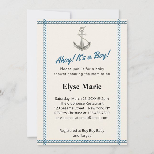 ¡Ahoy! ¡Es un niño! Invitación de Baby Shower (Anverso)