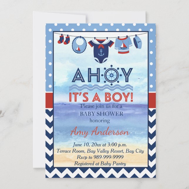 Ahoy es una invitación de Baby Shower del muchacho (Anverso)
