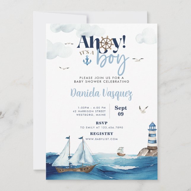 ¡Ahoy! Es una invitación de un chico de Baby Showe (Anverso)