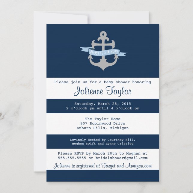 Ahoy es una invitación de un chico nautical a Baby (Anverso)