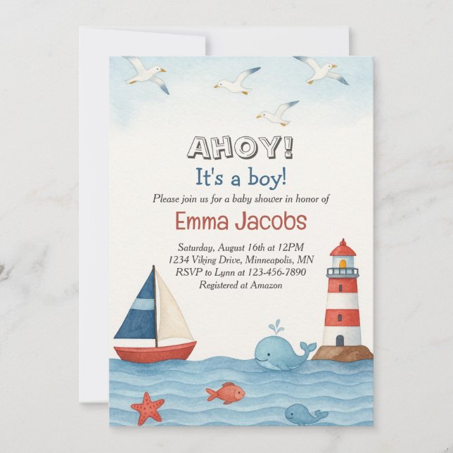 Ahoy es una invitación de un chico nautical a Baby (Anverso)