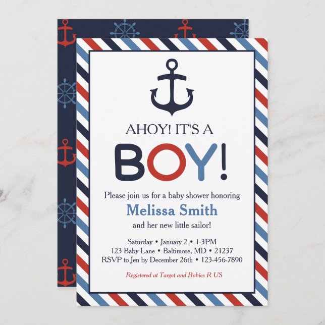 Ahoy es una invitación de un chico nautical a Baby (Anverso / Reverso)