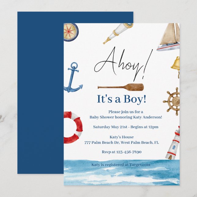 Ahoy es una invitación de un chico nautical a Baby (Anverso / Reverso)