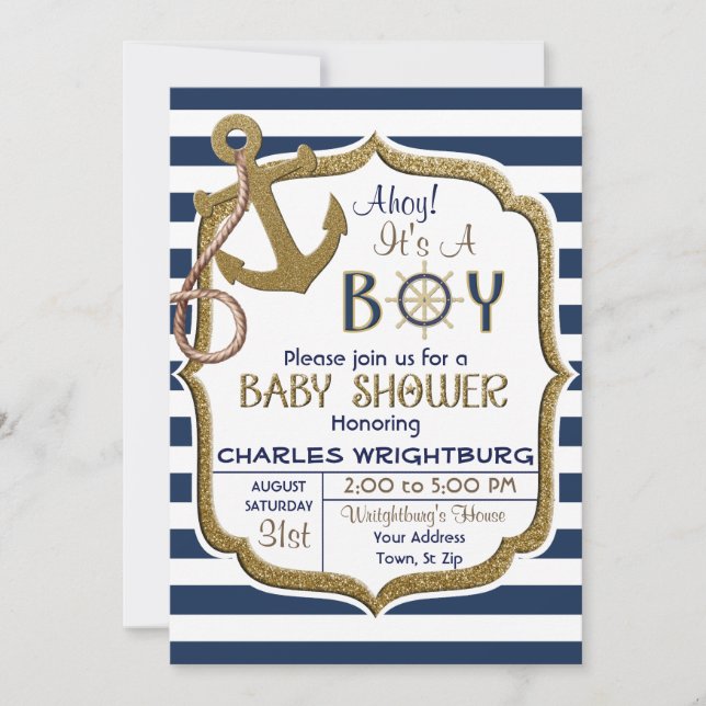 Ahoy es una invitación para bebé tema náutico (Anverso)