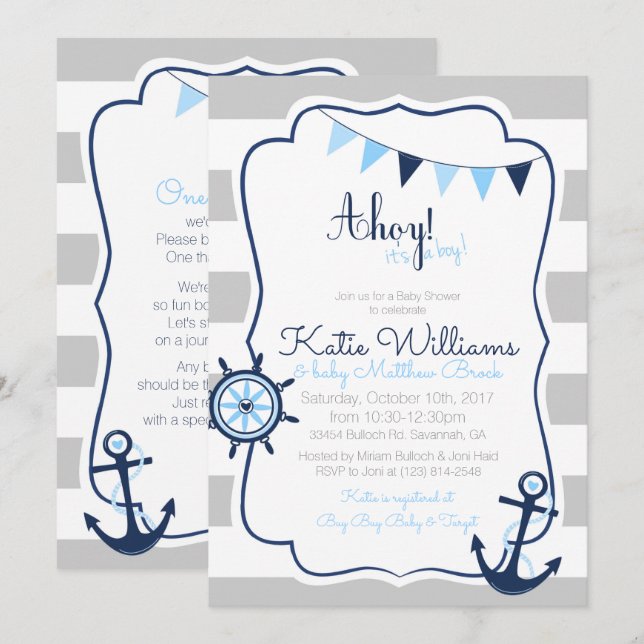 Ahoy es una tarjeta de Baby Shower de boy Nautical (Anverso / Reverso)