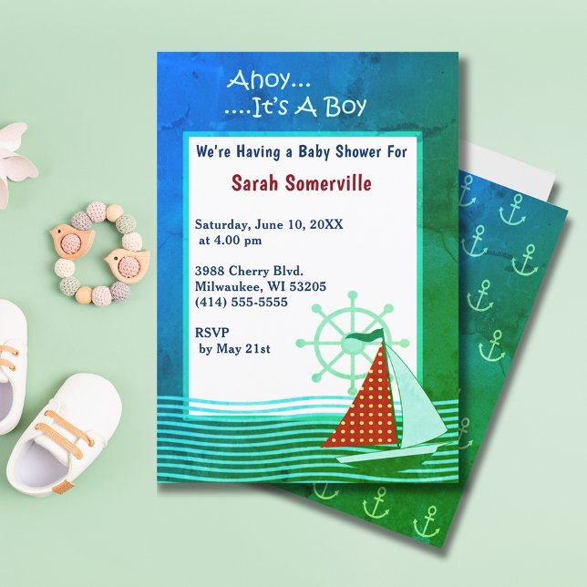 Ahoy es una tarjeta de invitación para retro de Ba (Ahoy It's a Boy Baby Shower Retro Invitation Card)
