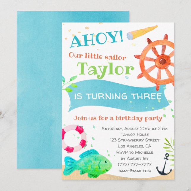 ¡Ahoy! Invitación de cumpleaños náutico (Anverso / Reverso)