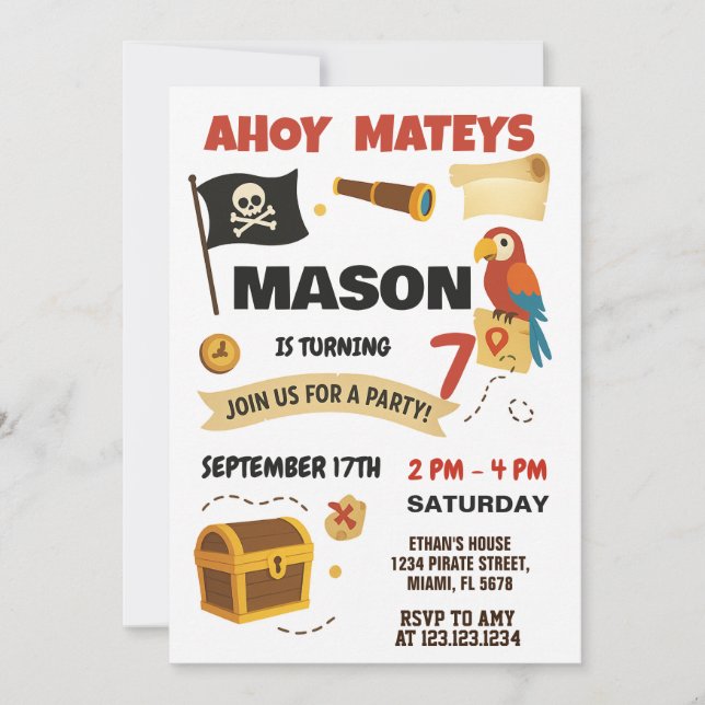 ¡Ahoy! Invitación de cumpleaños pirata para niños (Anverso)