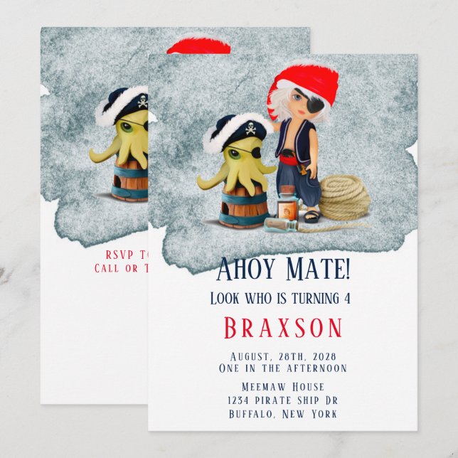 Ahoy Mate Pirates Boy Invitación a la fiesta de cu (Anverso / Reverso)