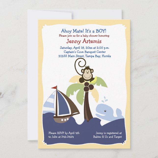 Ahoy Mate Whale, Sailboat & Monkey Invitación 5x7 (Anverso)