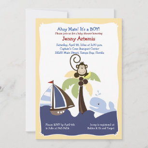 Ahoy Mate Whale, Sailboat & Monkey Invitación 5x7