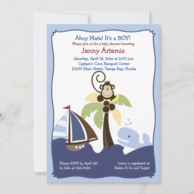 Ahoy Mate Whale, Sailboat & Monkey Invitación 5x7 (Anverso)