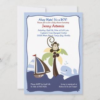 Ahoy Mate Whale, Sailboat & Monkey Invitación 5x7