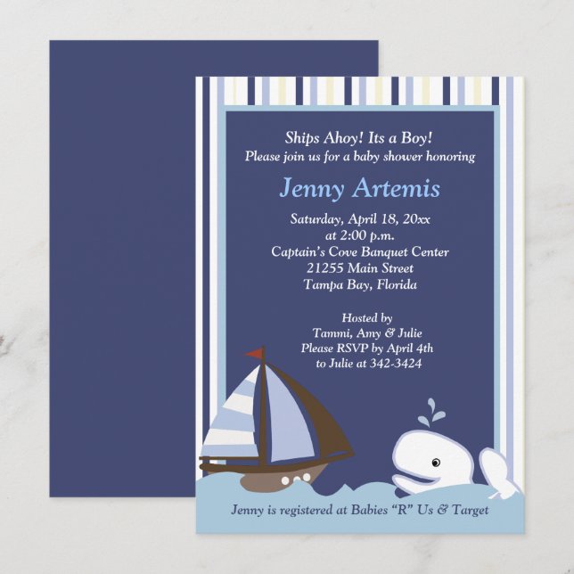 Ahoy Mate White Whale 4 x 6 Invitación de Baby Sho (Anverso / Reverso)