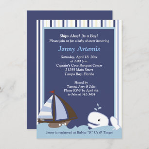 Ahoy Mate White Whale 4 x 6 Invitación de Baby Sho