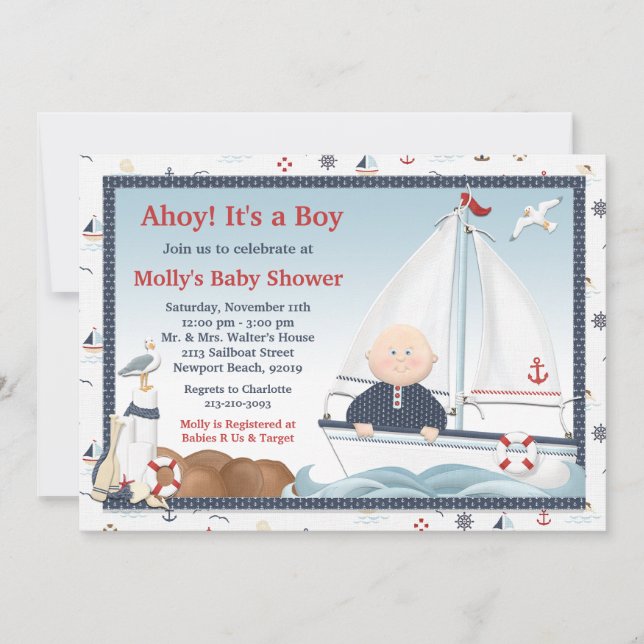 Ahoy su una invitación de Baby Shower del velero (Anverso)