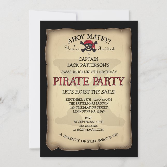 Ahoy Treasure Map Pirate Birthday Party Invitación (Anverso)