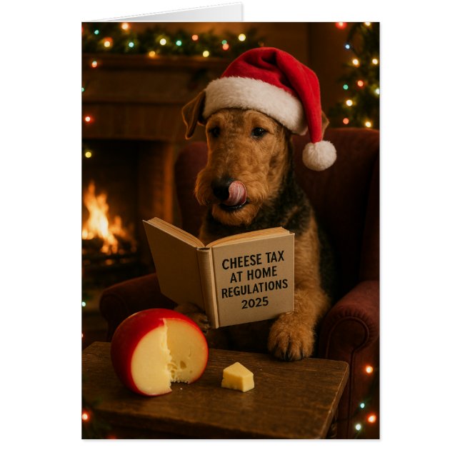 Airedale Terrier 'Cheese Tax' Christmas card (Frente)