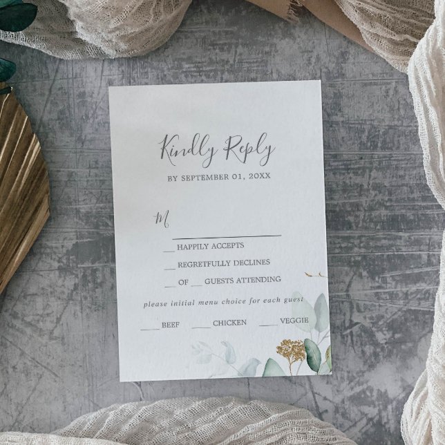 Airy Greenery and Gold Leaf Menu Choice RSVP Card (Subido por el creador)