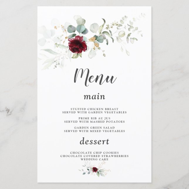 Airy Greenery Burgundy Floral Gold Menú Boda (Anverso)
