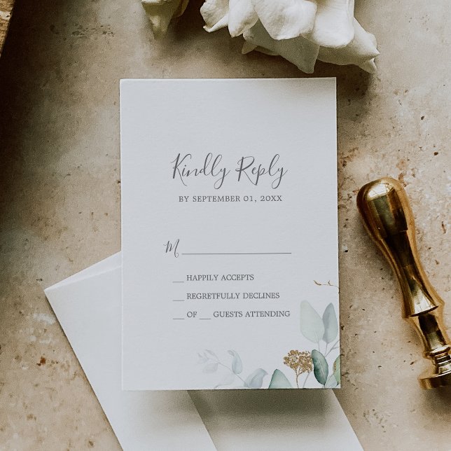 Airy Greenery y Gold Leaf Simple RSVP Card (Subido por el creador)