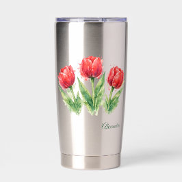 Aislada Botella de agua de tulipanes rojos