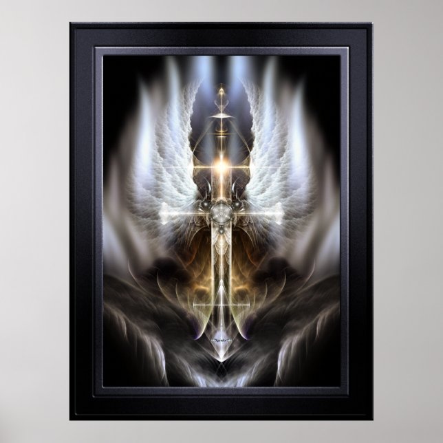 Ala de Ángel Celestial Cruz Arte Fractal Negro (Frente)