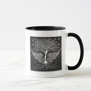 Alas a volar y árbol con la taza de café de las