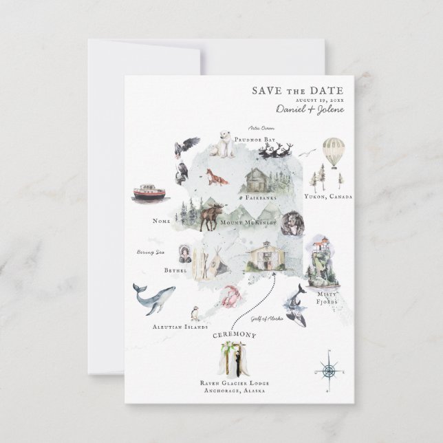 Alaska | Mapa Itinerario de Boda de Destino (Anverso)