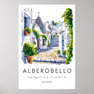 Alberobello Acuarela Póster de viaje vintage Esquí