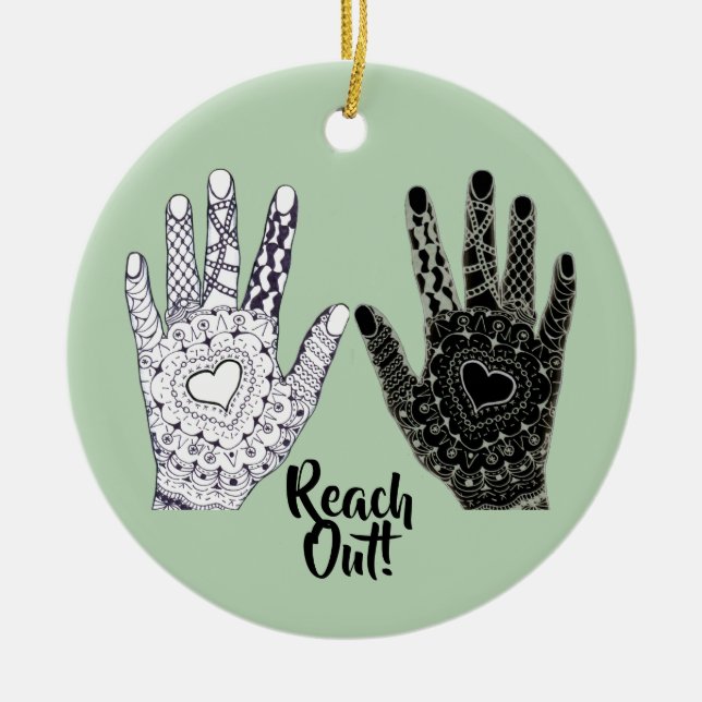¡Alcance! Ornamento cerámico de manos de corazón d (Frente)