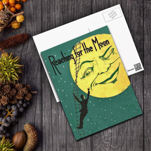 Alcanzar la postal lunar (Man on ladder Reaching for big yellow moon with face on green postcard with white stars.)
