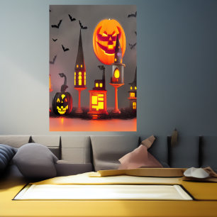 Aldea de calabaza negra y naranja   Poster de arte