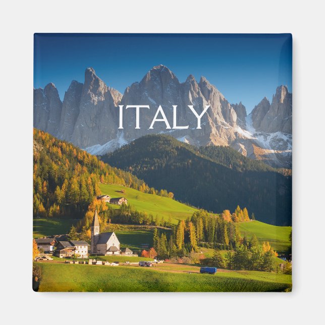 Aldea de los Dolomitas en el imán de texto cuadrad (Frente)