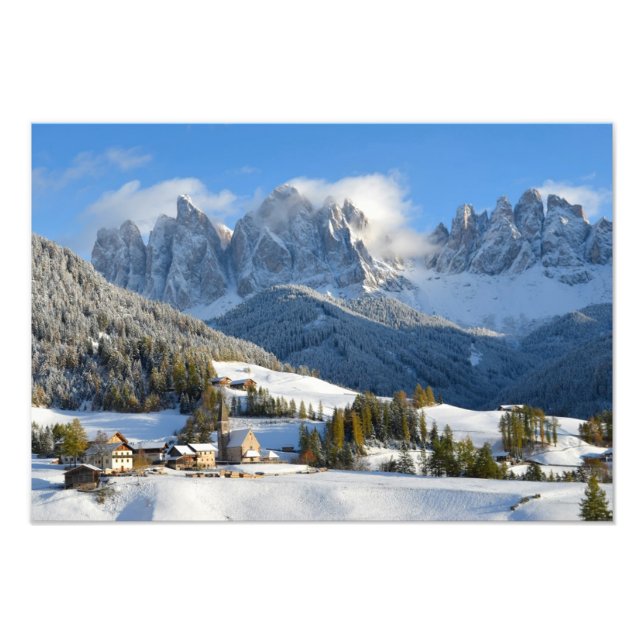 Aldea de los Dolomitas en invierno, foto impresa (Frente)