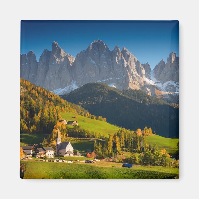 Aldea de los Dolomitas en otoño imán de recuerdo (Frente)