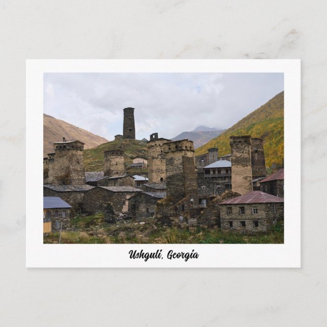 Aldea de Ushguli en Svaneti, postal de Georgia (Anverso)