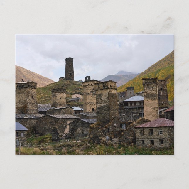 Aldea de Ushguli en Svaneti, postal de Georgia (Anverso)