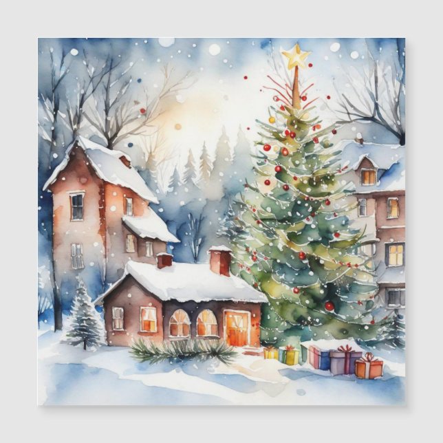aldea navideña con árbol de Navidad nevado (Anverso)
