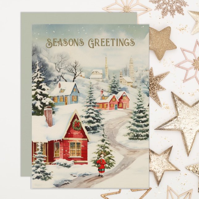 Aldea nevada de antaño Tarjetas de salutación de t (Old-time village, "Season's Greetings" custom Christmas/holiday card, personalized with your text.)