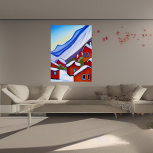 Aldea noruega en la montaña   Poster de arte de IA