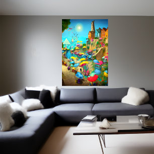 Aldea, playa, océano   Poster de arte de IA
