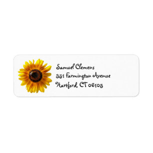 Alegre girasol amarillo con etiqueta de dirección