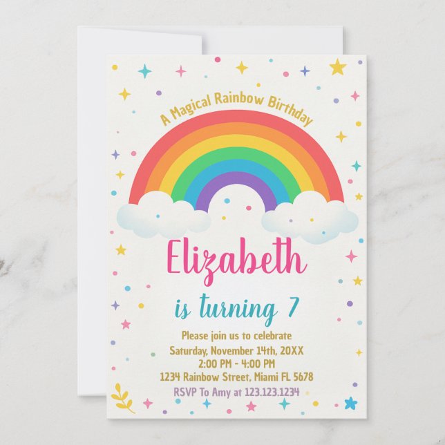 Alegre invitación al cumpleaños del arcoiris (Anverso)