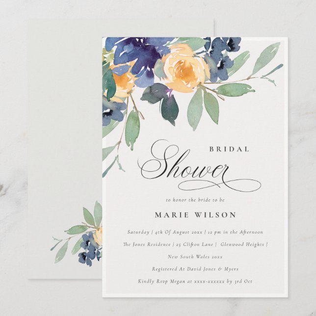 Alegre Invitación de ducha de novia amarilla flora (Anverso / Reverso)