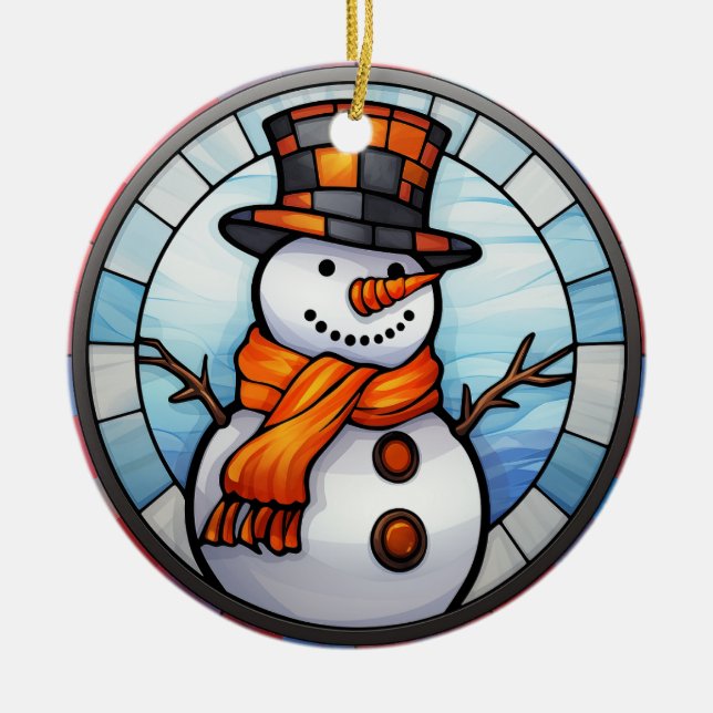 Alegre ornamento de vidrio manchado de Snowman (Frente)