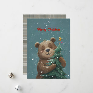Alegre oso lindo abrazando árbol de Navidad