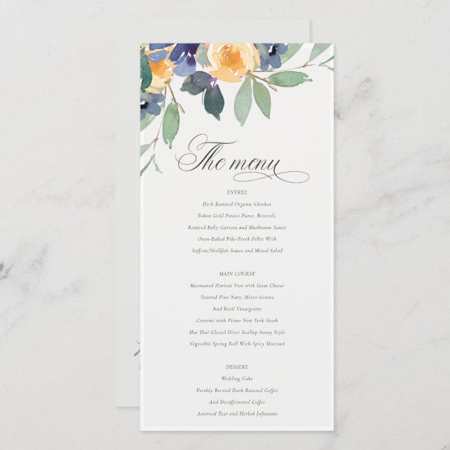 Alegre tarjeta de menú Boda floral azul amarillo (Anverso / Reverso)