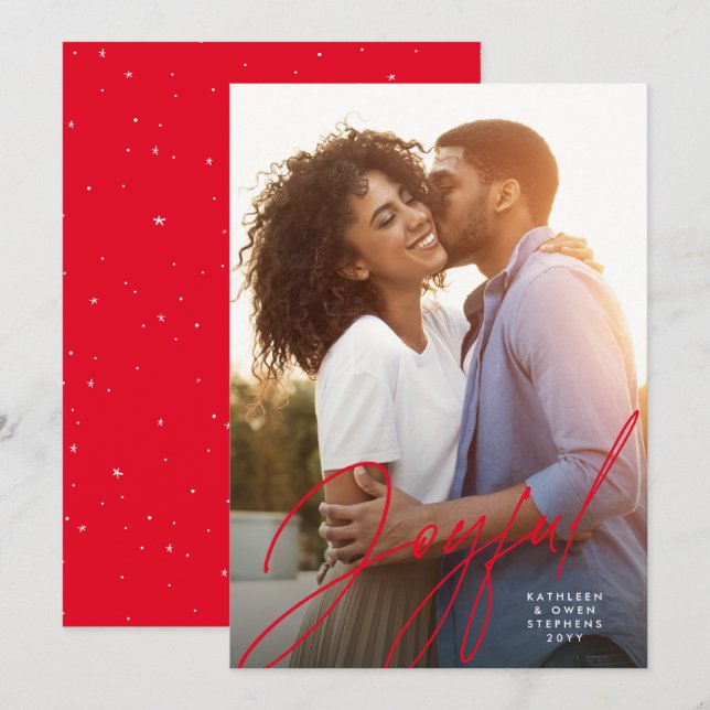 Alegre tarjeta de Navidad con foto moderna en rojo (Anverso / Reverso)