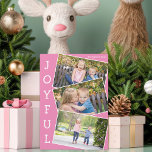 Alegre tarjeta magnética para Navidades de foto de<br><div class="desc">Tarjeta magnética de collage de fotos de Navidades rosados con 3 fotos de niños en un divertido patrón de instantáneas superpuestas con borde blanco y la palabra Joyful escrito verticalmente por un lado. Encuentra tus tres fotos favoritas para estos imanes de vacaciones familiares de bonito.</div>